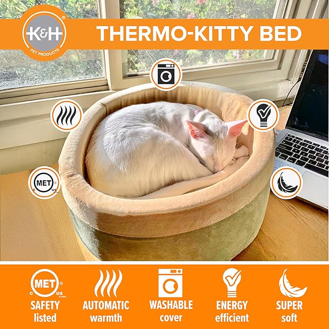 K&H Pet Products Thermo-Kitty Bed Heated Cat Bed for Indoor Cats , Electric Warming Bed for Cats and Small Dogs, Washable Thermal Plush Calming Round Pet Bed - Large 20" Sage/Tan