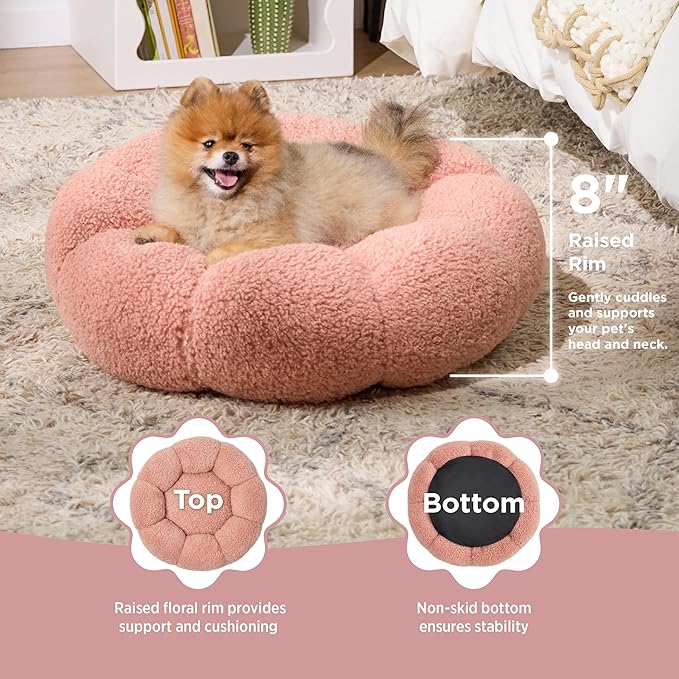 Lesure Calming Small Dog Bed - Flower Donut Round Fluffy Puppy Bed in Plush Teddy Sherpa, Non-Slip Cute Flower Cat Beds for Indoor Cats, Small Pet Bed Fits up to 25 lbs, Machine Washable, Pink 23"