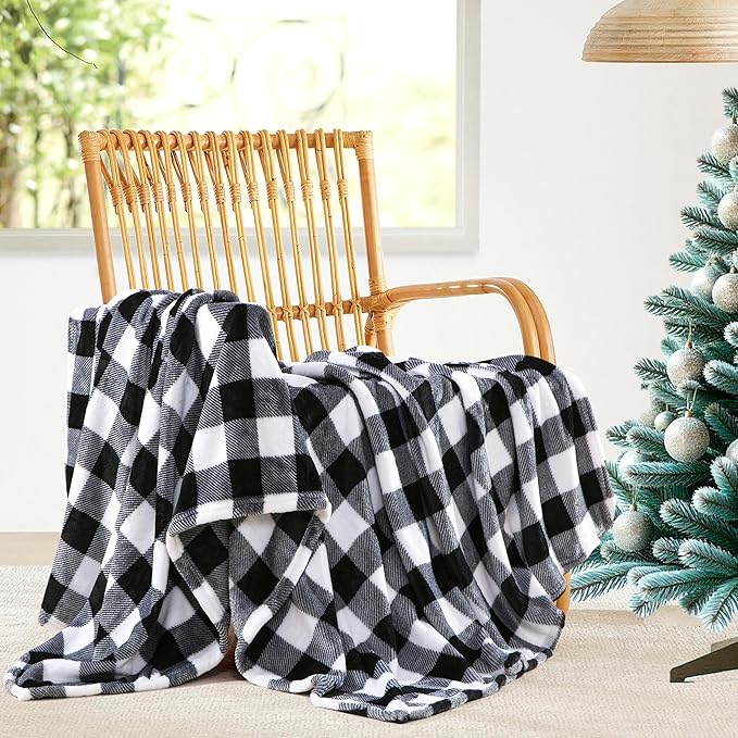 Elegant Comfort Velvet Touch Ultra Plush Christmas Holiday Buffalo Plaid Fleece Throw/Blanket-50 x 60inch, Buffalo Black