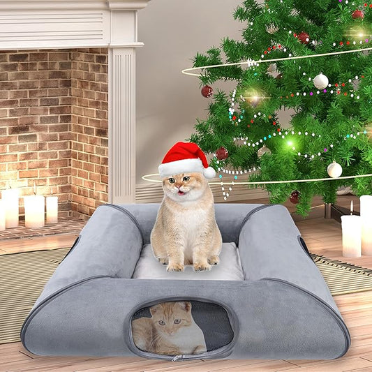 Cat Tunnel Bed for Multiple Kittens and Rabbits, Foldable Indoor Peekaboo Pet Cave, Sturdy and Scratch Resistant, Removable and Washable Soft Cushion - Cat Interactive Toys (Gray, with Door)