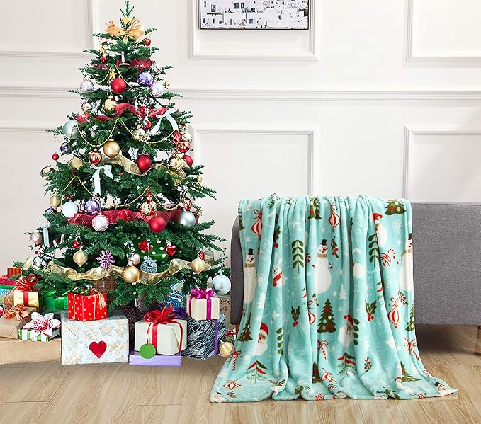 Elegant Comfort Velvet Touch Ultra Plush Christmas Holiday Printed Fleece Throw/Blanket-50 x 60inch, (Santa Snowman Teal)