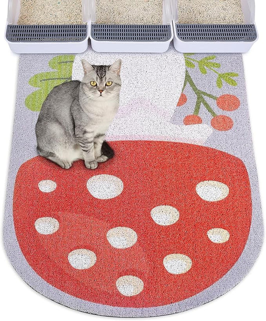 Bienbee Cat Litter Mat, 40 x30in Litter Mat Litter Trapping Mat Easy to Clean, Litter Box Mat with Bottom, Unique Graphic Design Cat Mats for Litter, Mushroom XL