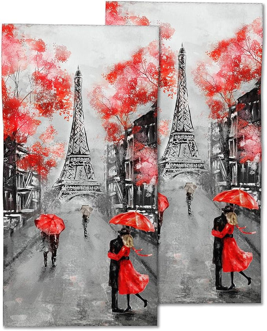 Eiffel Tower Hand Towel Set of 2,Autumn Paris Face Washcloths Fingertip Kitchen Towels 28 x 14 Inch Soft Bath Dish Cloth for Bathroom Gym Hotel Salon Spa Sport