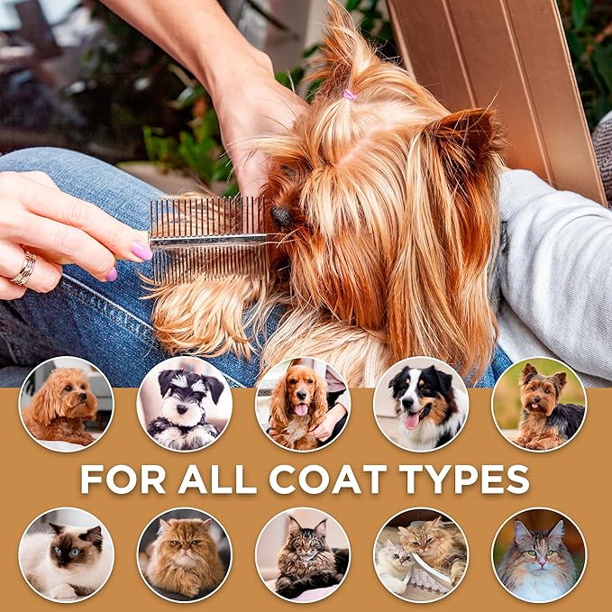Takavu Metal Dog Comb for Removes Tangles and Knots, Cat Comb for Removing Matted Fur, Stainless Steel Smooth Round Teeth Grooming Tool with Wooden Handle for Grooming Pets Hair
