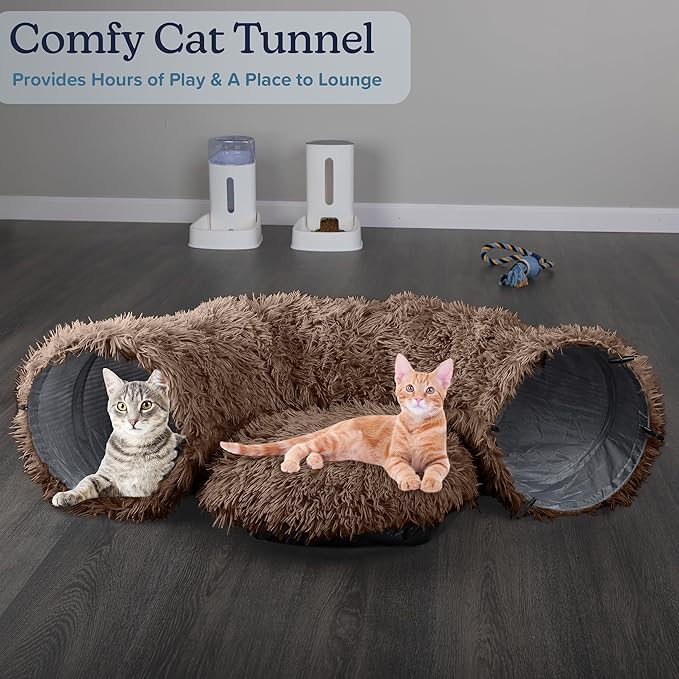Cat Tunnel with Cat Bed for Indoor Cats - 3FT Multifunctional Cat Tunnel Bed with Cat Toys - Soft, Plush Peekaboo Cat Cave for Kittens, Cats, Ferrets, and Rabbits - Cat Products by PETMAKER (Brown)