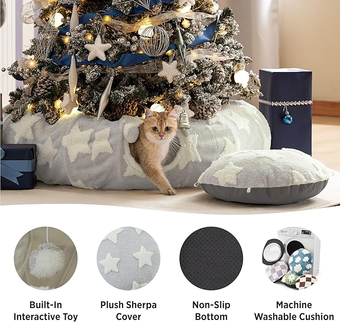 Lesure Cat Tunnel Bed for Indoor Cats - Cute Cat Donut Tunnel with Washable Circle Cushion, Round Pet Play Tunnel Toy for Kitten/Puppy/Rabbit, Grey