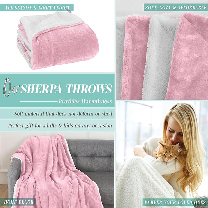 Elegant Comfort Reversible and Ultra-Plush Flannel Fleece Sherpa Throw- Lightweight Soft and Cozy- All Season Decorative Throw, Perfect for Lounging, 50 x 60 inches, Light Pink