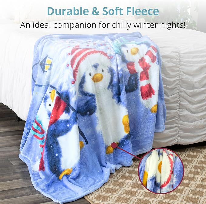 Dawhud Direct Christmas Fleece Blanket for Bed, 50" x 60" Cute Penguin Fleece Throw Blanket for Kids and Adults - Super Soft Plush Christmas Blanket Throw