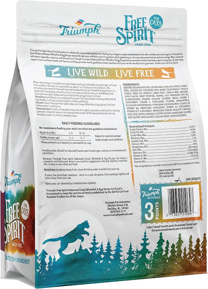 Triumph Free Spirit Grain Free Ocean Whitefish & Egg Recipe Dry Cat Food, 3lb.
