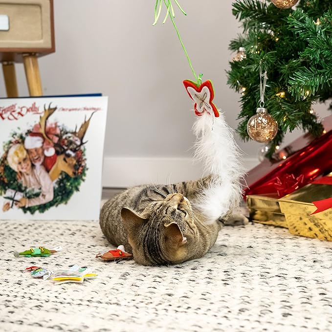 Doggy Parton 5-Piece Holiday Cat Teaser and Felt Toy Set, Red