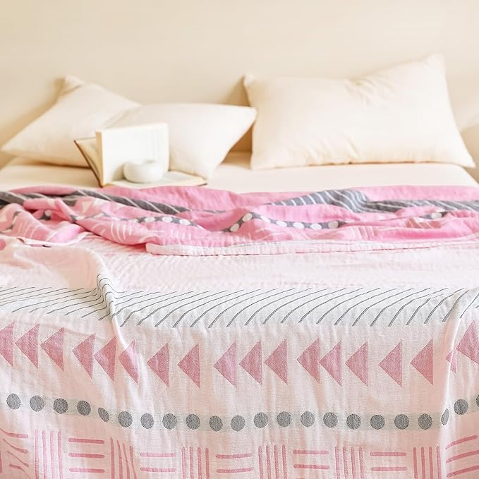 MEJU Pink Boho Geometric Retro Southwest Muslin All Season Blanket for Bed Sofa Couch 100% Combed Cotton 3 Layer Soft Cozy Quilt Throw Blanket Bed Coverlet Sheet Twin 60 in x 80 in