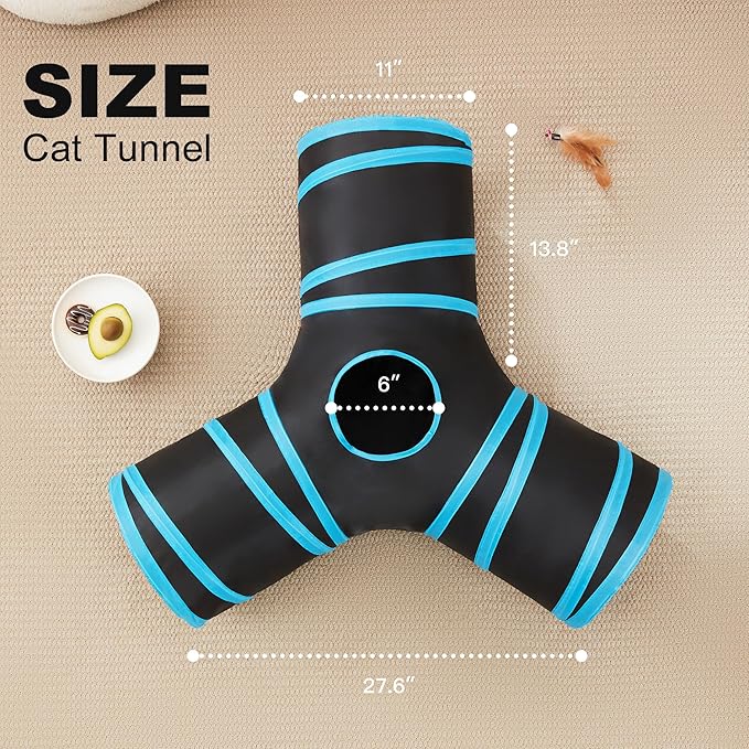 Love's cabin Cat Tunnel Tube Cat Toys 3 Way Collapsible, Cat Tunnels for Indoor Cats，Kitten Tunnel Bored Pet Cat Play Tunnel with Peek Hole Toy Ball for Cat, Kitty, Kitten, Rabbit, Puppy Blue