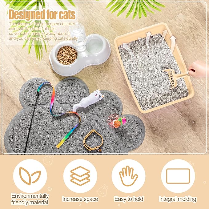 7 Pcs Small Cat Kitten Starter Kit Cat Litter Box with Shovel Cat Paw Litter Mat Double Automatic Cat Bowls Cat Toy Teaser Stick Cat Collar Essentials Kits for 1-3 Lbs Beginner (Khaki,Simple)