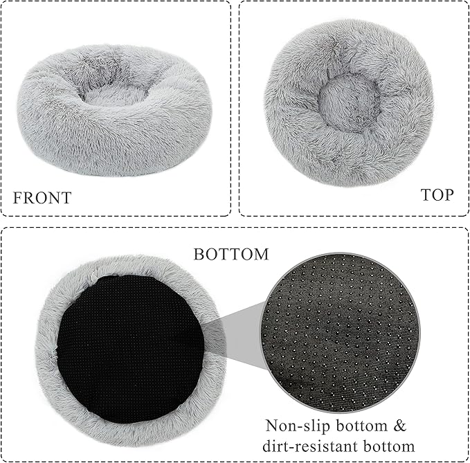 Calming Donut Dog Bed XL, Plush Round Cuddler Dog & Cat Bed, Anit-Anxiety Marshmellow Fluffy Faux Fur Cushion(32", Light Grey)