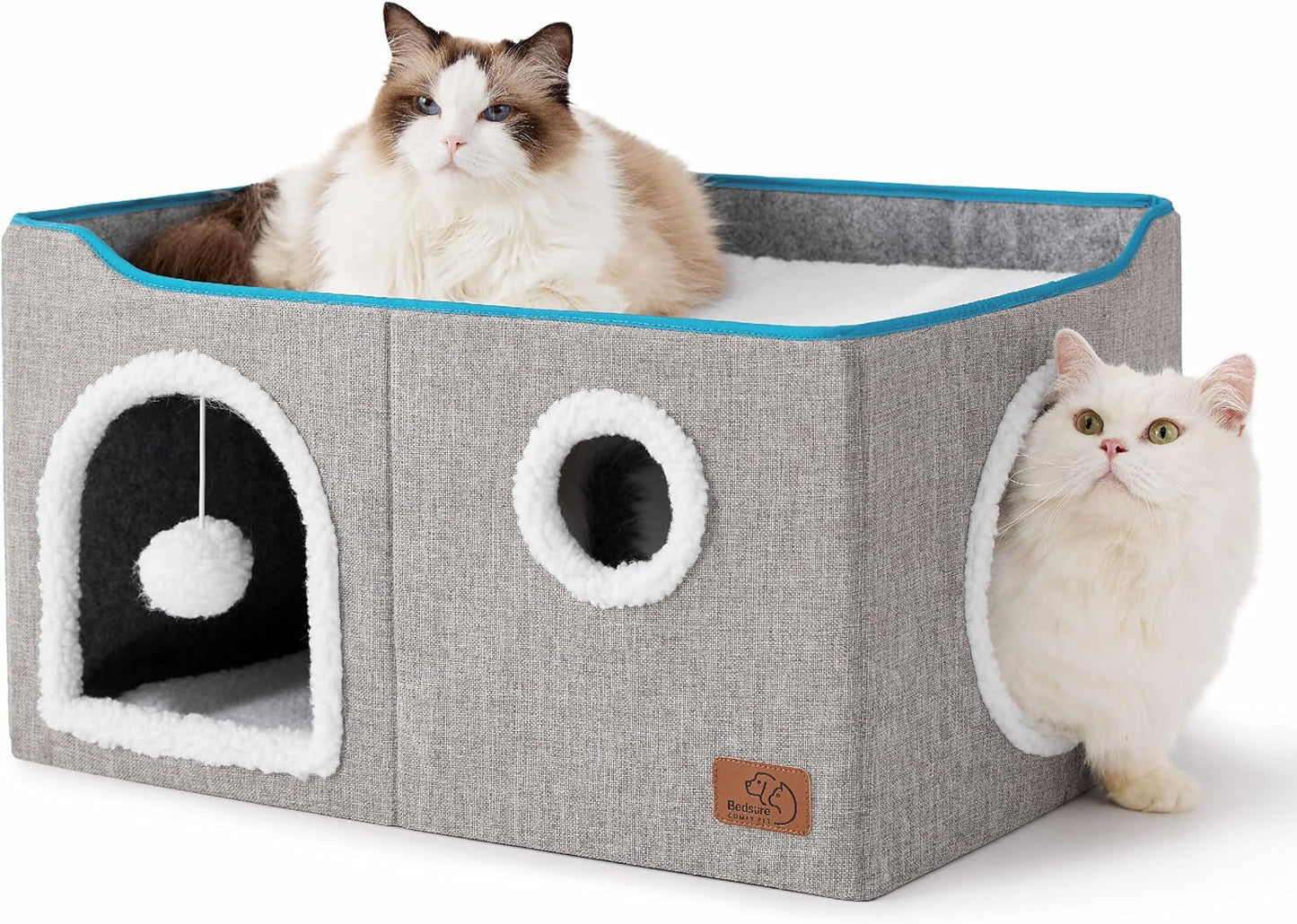 Bedsure Large Cat Beds for Indoor Cats - Extra Wide Cat Cube House for Small Pet with Fluffy Ball Hanging and Scratch Pad, Foldable Pet Cave Hideaway for Multiple Cats, 23.6x16.9x13 inches, Grey