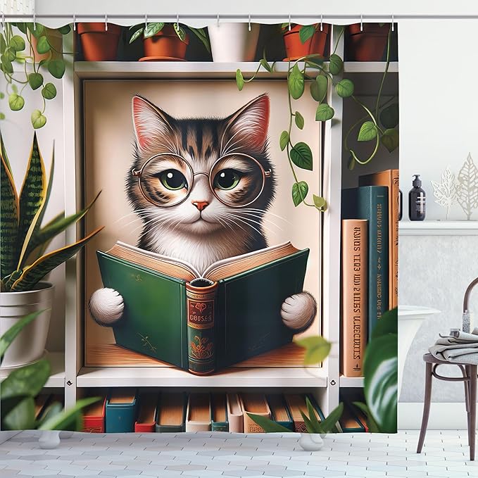 Ambesonne Cat Shower Curtain, Bookworm Kitty Reading Between Shelves Weeping Plants Botanical Cozy Concept, Cloth Fabric Bathroom Decor Set with Hooks, 69" W x 70" L, Green Paprika Beige