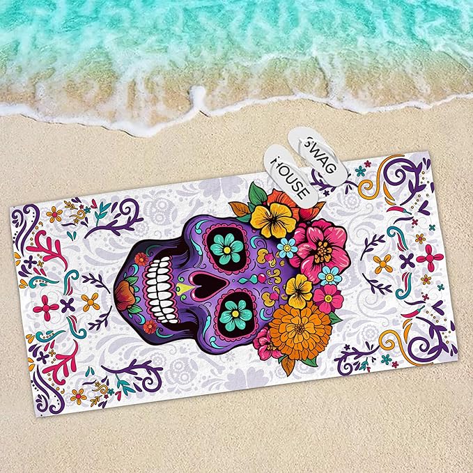 Bonsai Tree Sugar Skull Beach Towel, Purple Microfiber Bath Towel for Women, Sand Free Quick Dry Travel Towels Sugarskull for Women Yoga Sports Adults 30" X 60"