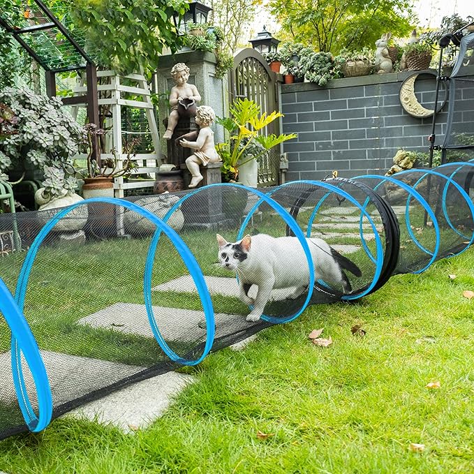 Cat Play Tunnel-3 Packs for Indoor and Outdoor,Cat Tunnel Outdoor,Cat Outdoor Enclosure, Cat Enclosures Easy to Connect with Two Zipper Doors,Product Size 59'' x 18'',3pcs /Set,Blue Trim