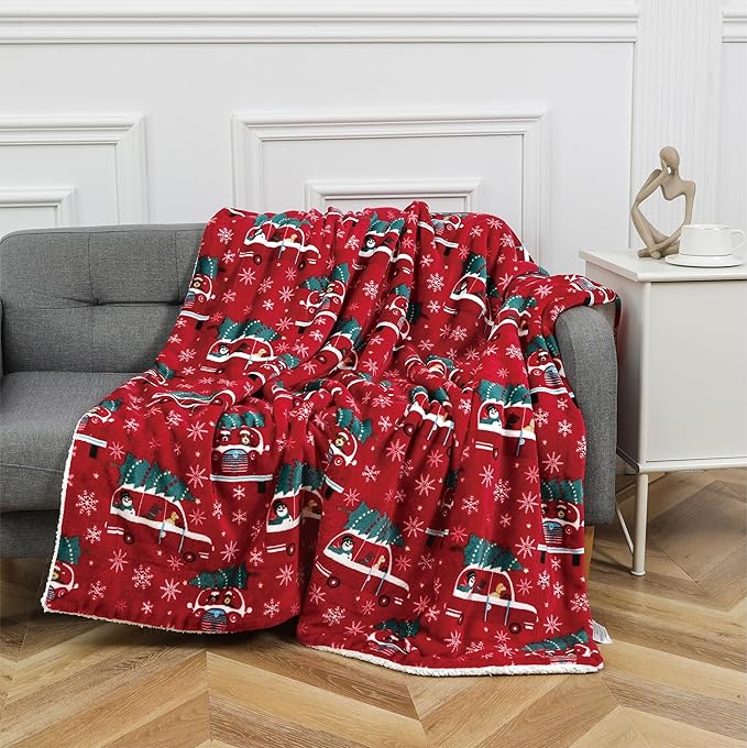 Elegant Comfort Reversible and Ultra-Plush Flannel Fleece-Winter Christmas Sherpa Throw- Lightweight Soft and Cozy-Holiday Decorative Throw, Perfect for Lounging, 50 x 60 inches, Christmas Tree Car