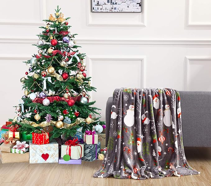 Elegant Comfort Velvet Touch Ultra Plush Christmas Holiday Printed Fleece Throw/Blanket-50 x 60inch, (Santa Snowman Gray)
