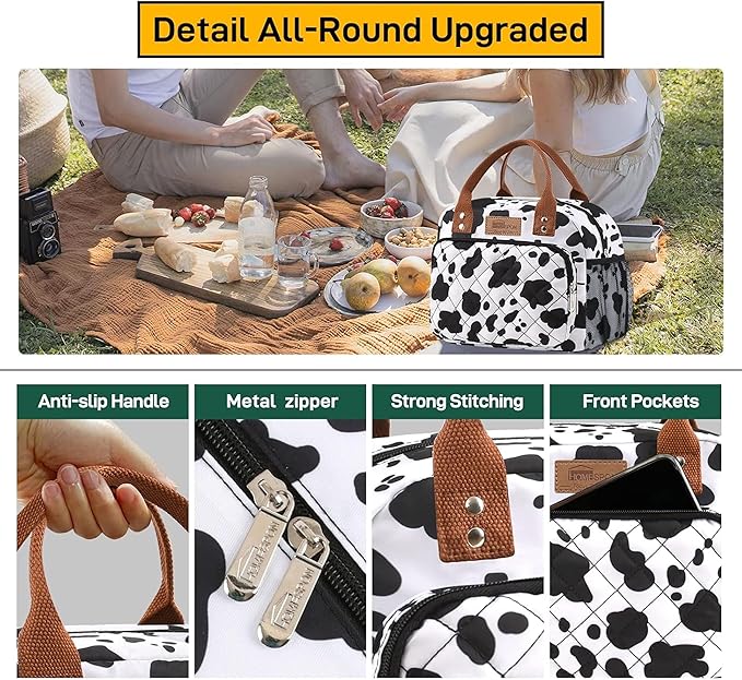 Buringer HOMESPON Lunch Bag for Woman Man Adults with Front Pocket Insulated Lunch Tote Lunch Box Container for Work Picnic or Travel（Cow with Side Pockets）