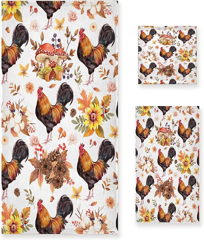 Gaming 3 Piece Towel Bathroom Sets, 1 Bath Towel, 1 Washcloth, 1 Hand Towel, Cotton Fast Dry Soft Absorbent Towel Set for Home Kitchen Family (Fall Chicken)