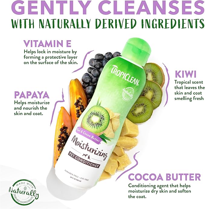 TropiClean Cat & Dog Conditioner, Puppy & Kitten Safe, Easy Detangling & Moisturizing, Kiwi & Coco Butter Scent, Made in the USA, 2.5 gallon