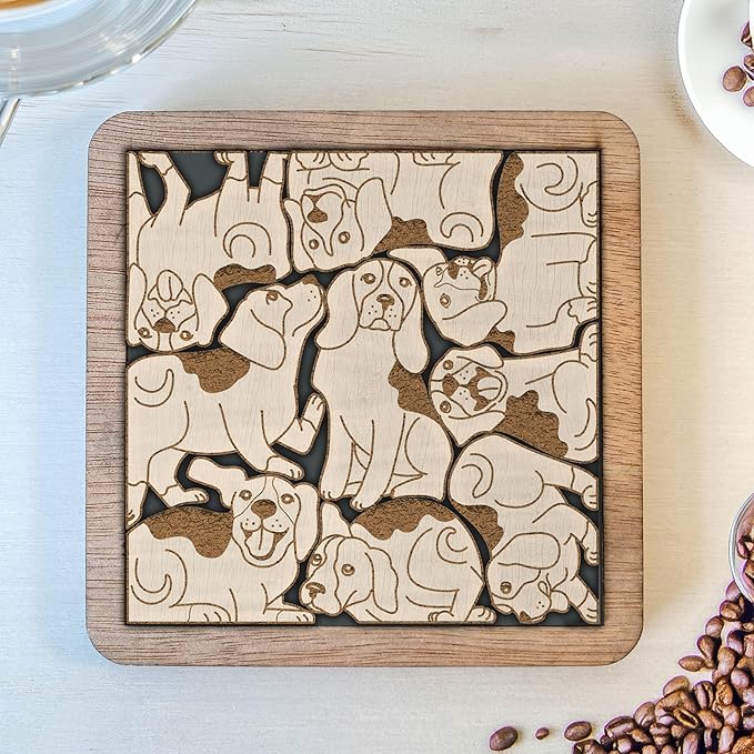 02 Beagle Dog Coaster - Beagle Dog Puzzle Wooden Coaster Set - Interlocking Jigsaw Drink Mats with Laser-Cut Design for Beagle Lover