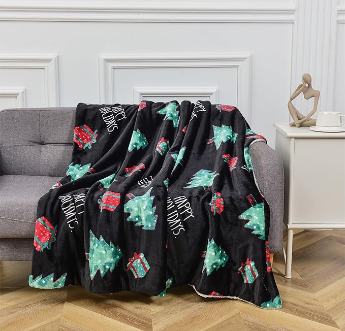 Elegant Comfort Reversible and Ultra-Plush Flannel Fleece-Winter Christmas Sherpa Throw- Lightweight Soft and Cozy-Holiday Decorative Throw, Perfect for Lounging, 50 x 60 inches, Feliz Navidad