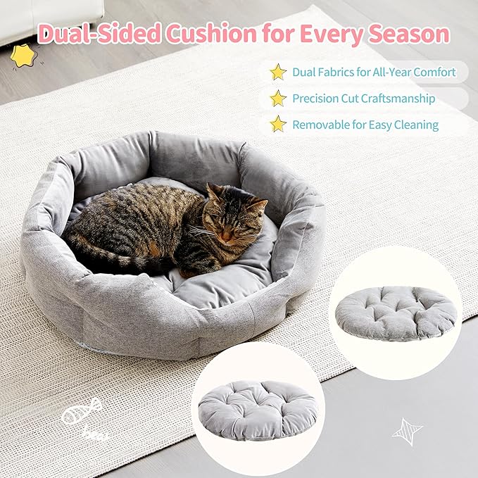 Made4Pets Cat Beds for Indoor Cats - Dog Beds for Small Dogs, Round Pet Bed for Puppy and Kitten, Washable Dog Bed with Anti-Slip Bottom, Removable Dual-Fabric Cushion for All Season, Grey