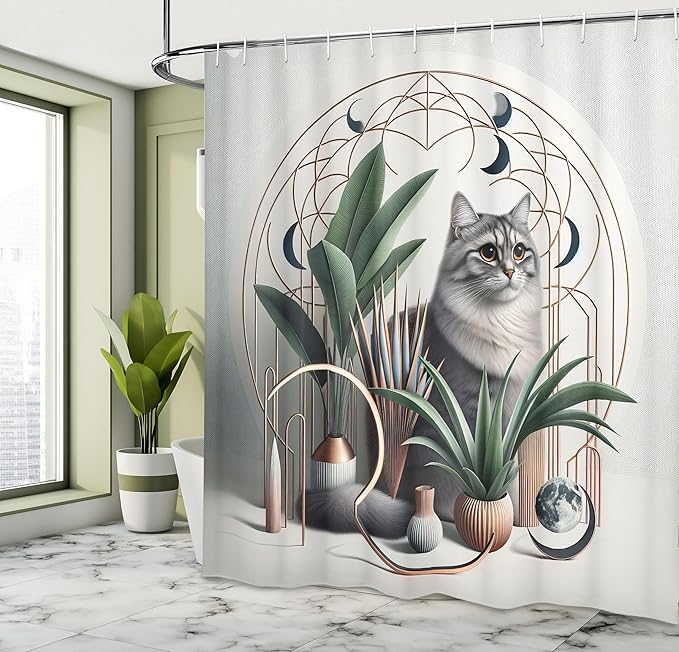Ambesonne Cat Shower Curtain, Kitty in a Noble Pose with Boho Ornaments Home Plants and Mandala Crescent, Cloth Fabric Bathroom Decor Set with Hooks, 69" W x 70" L, Grey Green Pale Rust
