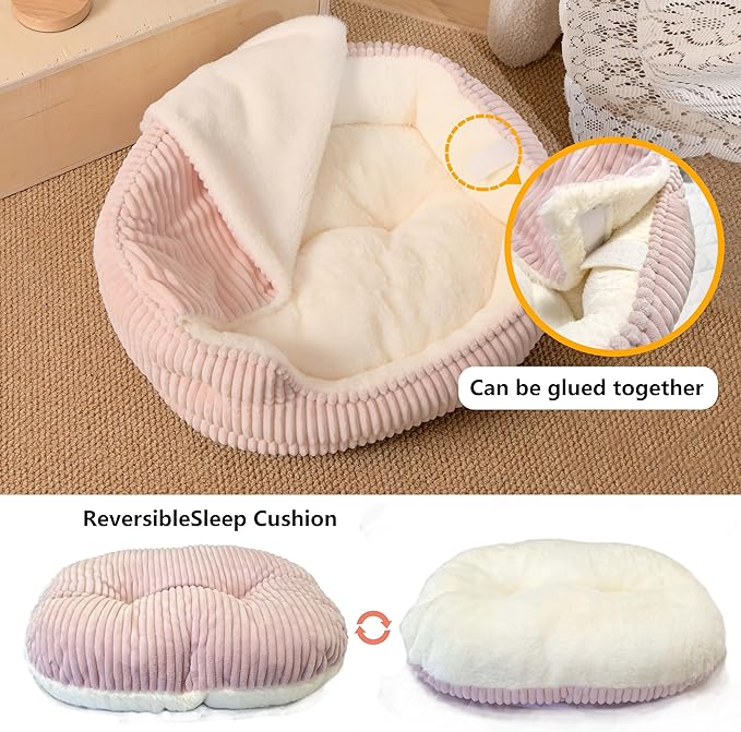 Cat Beds for Indoor Cats,with Soft Hooded Blanket.Comfortable Cute cat Bed,Removable Inner pad Washable with Non-Slip Bottom,Cozy Kitten、Small Dog Bed (Pink)