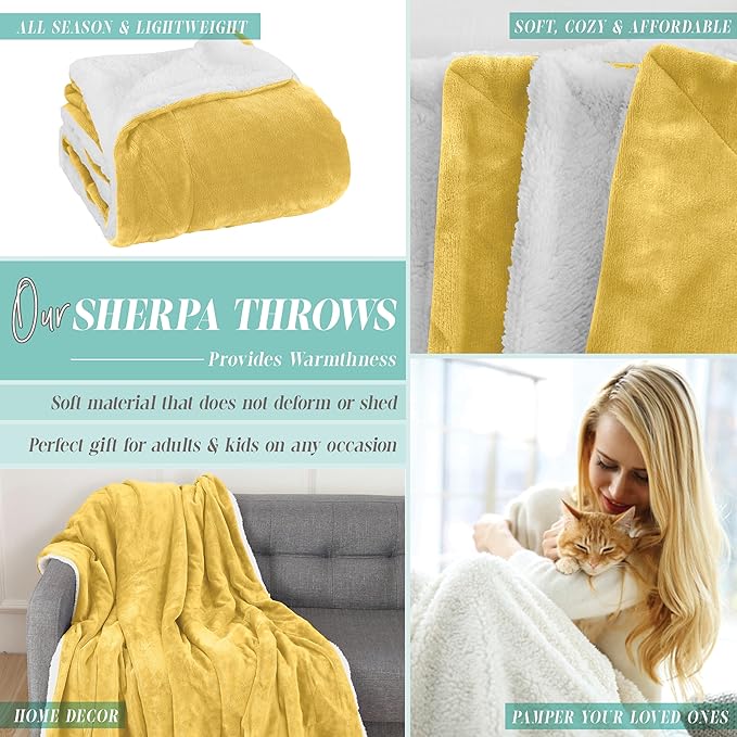 Elegant Comfort Reversible and Ultra-Plush Flannel Fleece Sherpa Throw- Lightweight Soft and Cozy- All Season Decorative Throw, Perfect for Lounging, 50 x 60 inches, Yellow