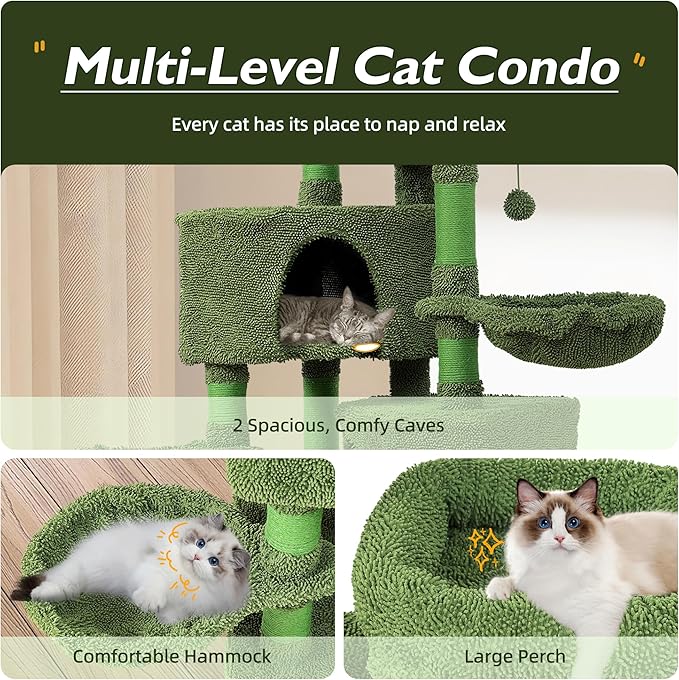 Mile High Life | Multi-Level Cat Tree Condo 58" for Large Cats | Hammock and Sisal Covered Scratching Post Tree for Kittens | Tall Cat Climbing Stand with Cute Hanging Ball & Toys for Play Houses