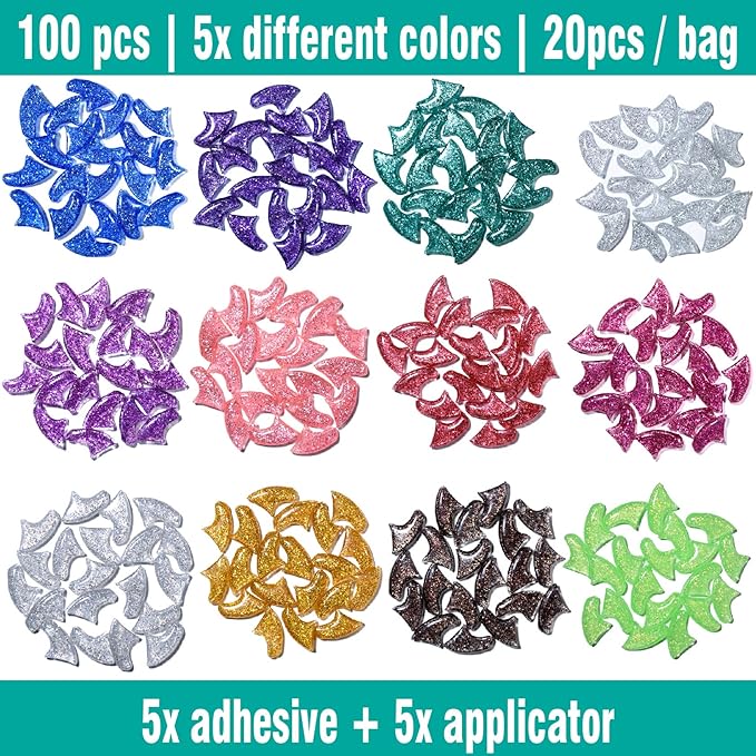 100 pcs Cat Nail Caps | Cat Claw Covers with Adhesives and Applicators | 5X Different Glitter Colors (L)