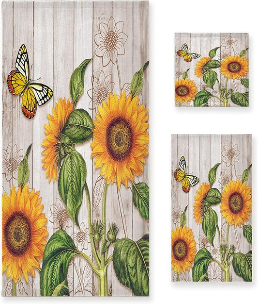 Gaming 3 Piece Towel Bathroom Sets, 1 Bath Towel, 1 Washcloth, 1 Hand Towel, Cotton Fast Dry Soft Absorbent Towel Set for Home Kitchen Family (Sunflower)