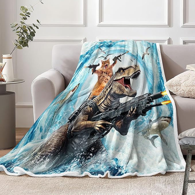 Funny Cat Throw for Kids, Cute Cool Cat Riding Dinosaur on Blue Ocean Fleece Throw Blanket Cozy Soft Lightweight Couch Sofa Bed,Blue Blankets Bedding Decor for Girls Boys Teens Cute Throw Blanket