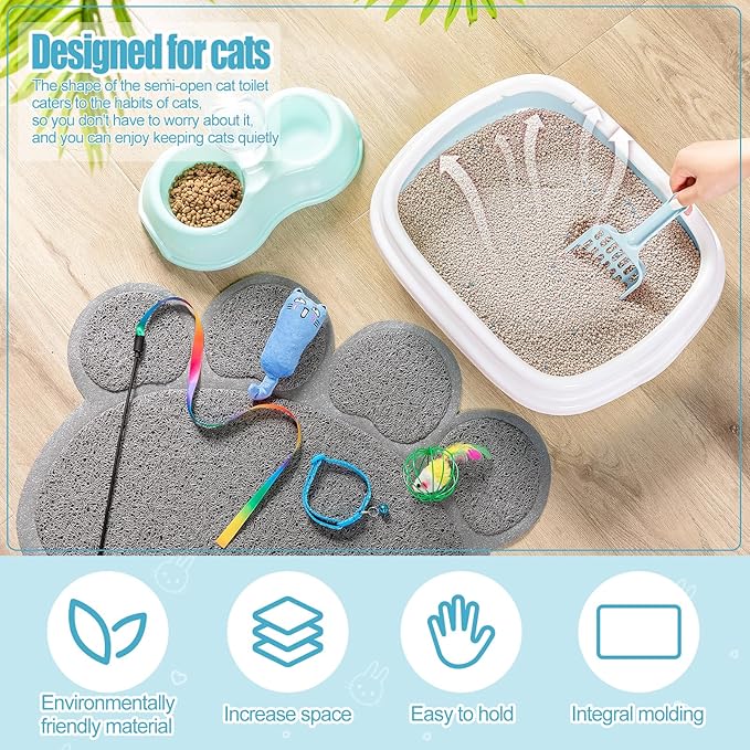 7 Pcs Small Cat Kitten Starter Kit Cat Litter Box with Shovel Cat Paw Litter Mat Double Automatic Cat Bowls Cat Toy Teaser Stick Cat Collar Essentials Kits for 1-3 Lbs Beginner (Fresh Blue,Stylish)