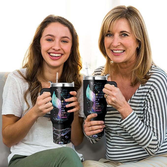 40 Oz Mermaid Tumbler with Handle and Straw, Double Wall Stainless Steel Mermaid Mug, Mermaid Cups Insulated Mermaid Coffee Mug, 40 Oz Leak Proof Mermaid Coffee Cup and Mermaid Gifts for Women