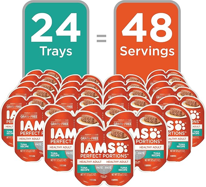 IAMS Perfect Portions Healthy Adult Grain Free Wet Cat Food Paté, Tuna Recipe, 2.6 oz. Easy Peel Twin-Pack Trays (24 Count, 48 Servings)