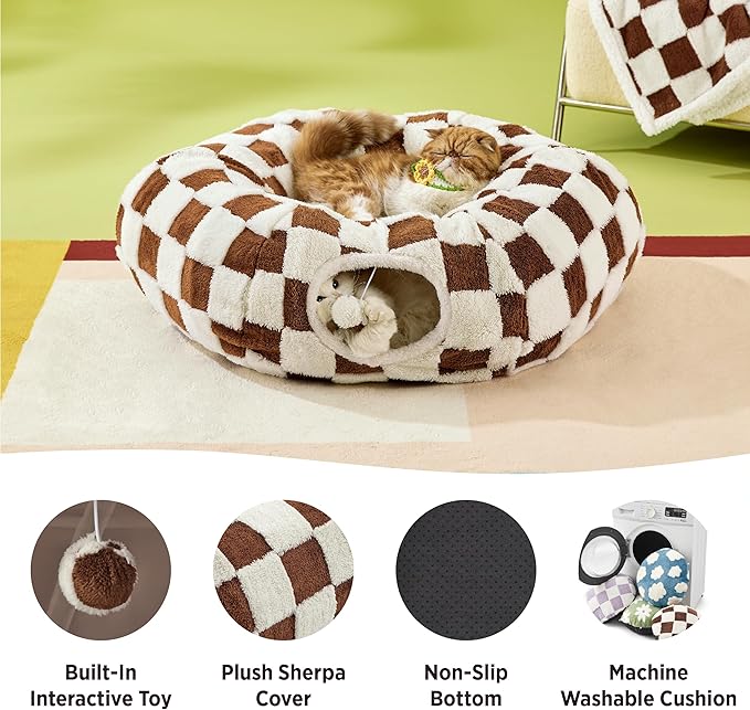 Lesure Cat Tunnel Bed for Indoor Cats - Cute Cat Donut Tunnel with Washable Circle Cushion, Round Pet Play Tunnel Toy for Kitten/Puppy/Rabbit,Brown
