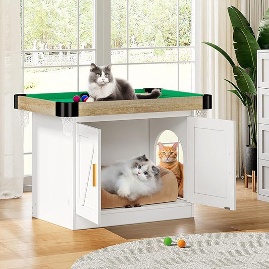 DWVO 4 in 1 Cat Toys Mini Pool Table for Cats, Litter Box Enclosure for Cat Pool Table Tower with Feather Wand Interactive Exercise Play Rest Beds & Litter Box Furniture, White, Medium