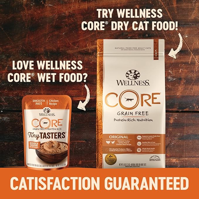 Wellness CORE Tiny Tasters Wet Cat Food, Complete & Balanced Natural Pet Food, Made with Real Meat, 1.75-Ounce Pouch, 12 Pack (Adult Cat, Chicken & Turkey Pate)