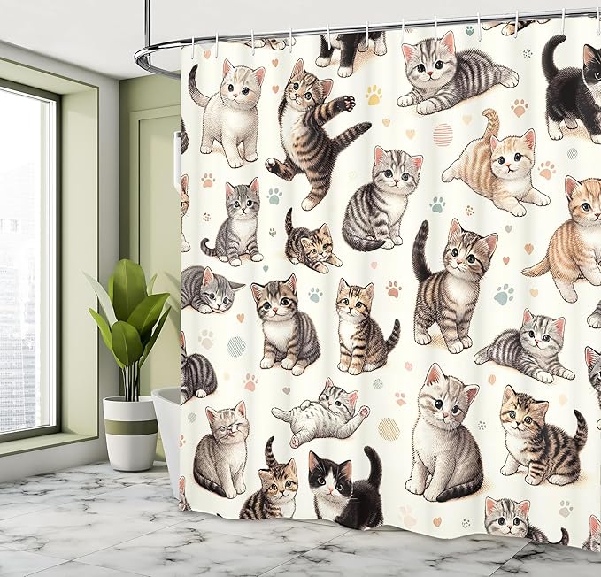Ambesonne Cat Shower Curtain, Pattern of Little Kittens Playful Poses Joyous Concept Pastel Paw Prints, Cloth Fabric Bathroom Decor Set with Hooks, 69" W x 84" L, Off White Taupe and Grey