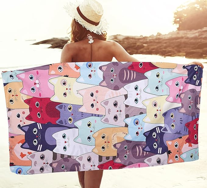 LIVILAN Large Kitten Cat Beach Towel, 30" X 60" Soft Microfiber, Absorbent, Quick Dry, Sand Free, Light, Multiuse for Bath, Pool, Swim, Cute Cat Gifts
