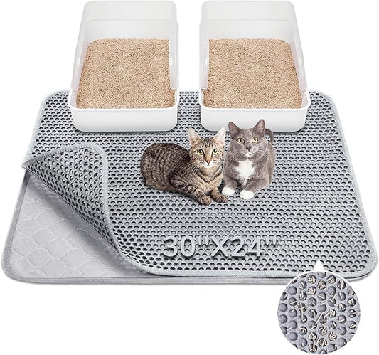 BurgeonNest Cat Litter Mat 30" x 24", Upgraded Felt & Fabric Material Cat Trapping Mat for Fewer Creases, Holds 1-2 Litter Boxes, Urine-Proof, Machine Washable, Non-Slip, Soft on Paws, Grey