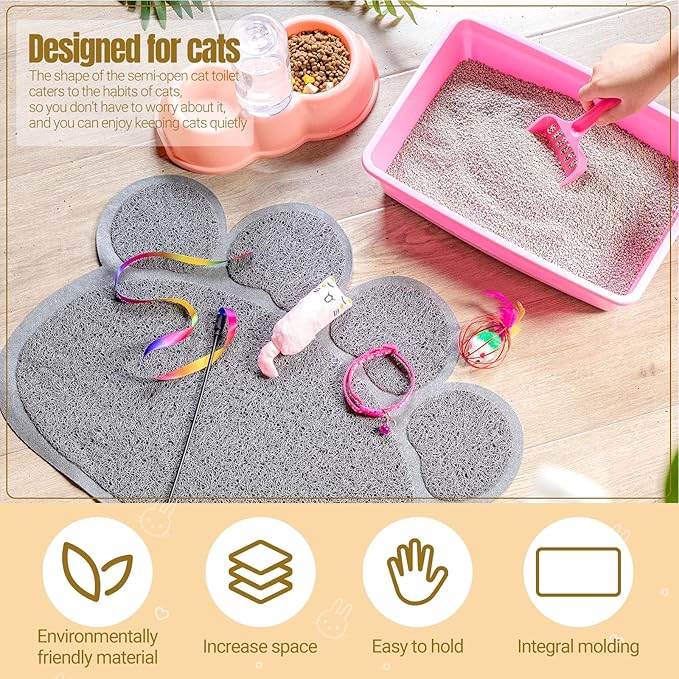 7 Pcs Small Cat Kitten Starter Kit Cat Litter Box with Shovel Cat Paw Litter Mat Double Automatic Cat Bowls Cat Toy Teaser Stick Cat Collar Small Cat Essentials Kits for 1-3 Lbs Beginner(Pink)
