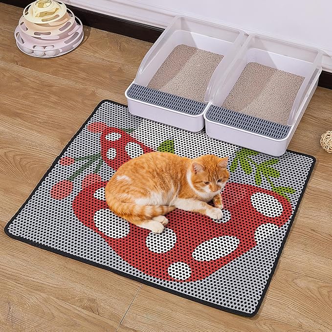Bienbee Cat Litter Mat, 30"x24" Cat Litter Trapping Mat, Double Layer Litter Mat with Non-Slip Rubber Bottom, Urine and Water Proof, Keeps Floors Clean Mushroom L