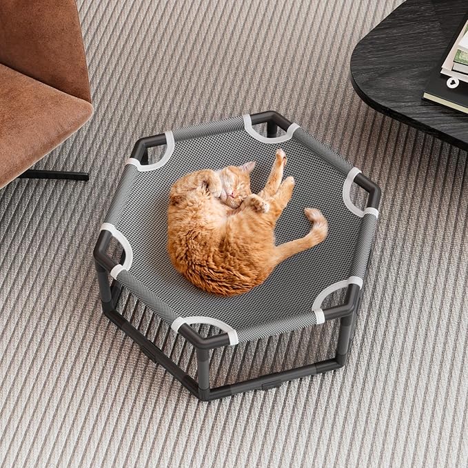 Tresbro Elevated Cat Hammock Bed, Hexagon Raised Cat Swing Bed for Indoor and Outdoor Use with Breathable Fabric & Anti-Slip Block, 23.6'' x 10.6'' x 12'' Pet Chair for Large to Small Kitty Cot
