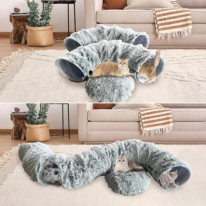 Cat Tunnel Bed with Central Mat, Big Tube Playground Toys, Soft Plush Material Cat Donut Tunnel, Peekaboo Cat Cave, Full Moon Cat Tunnels for Cat, Kitten, Puppy, Rabbit (Grey)